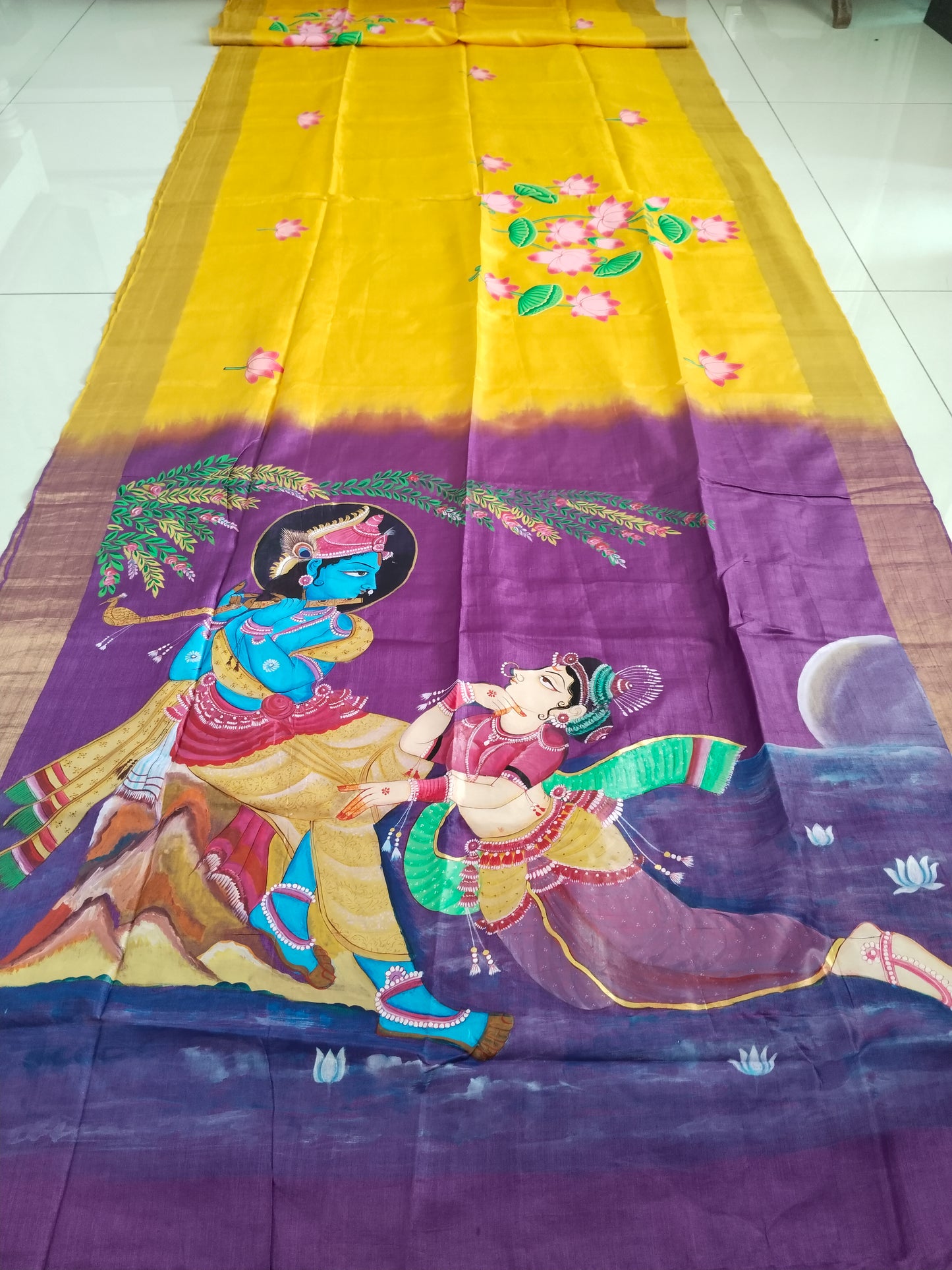 Hand-painted Radha Krishna in moonlight Patachitra saree - Bottle green/ Yellow Purple