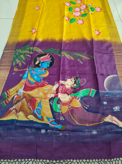 Hand-painted Radha Krishna in moonlight Patachitra saree - Bottle green/ Yellow Purple