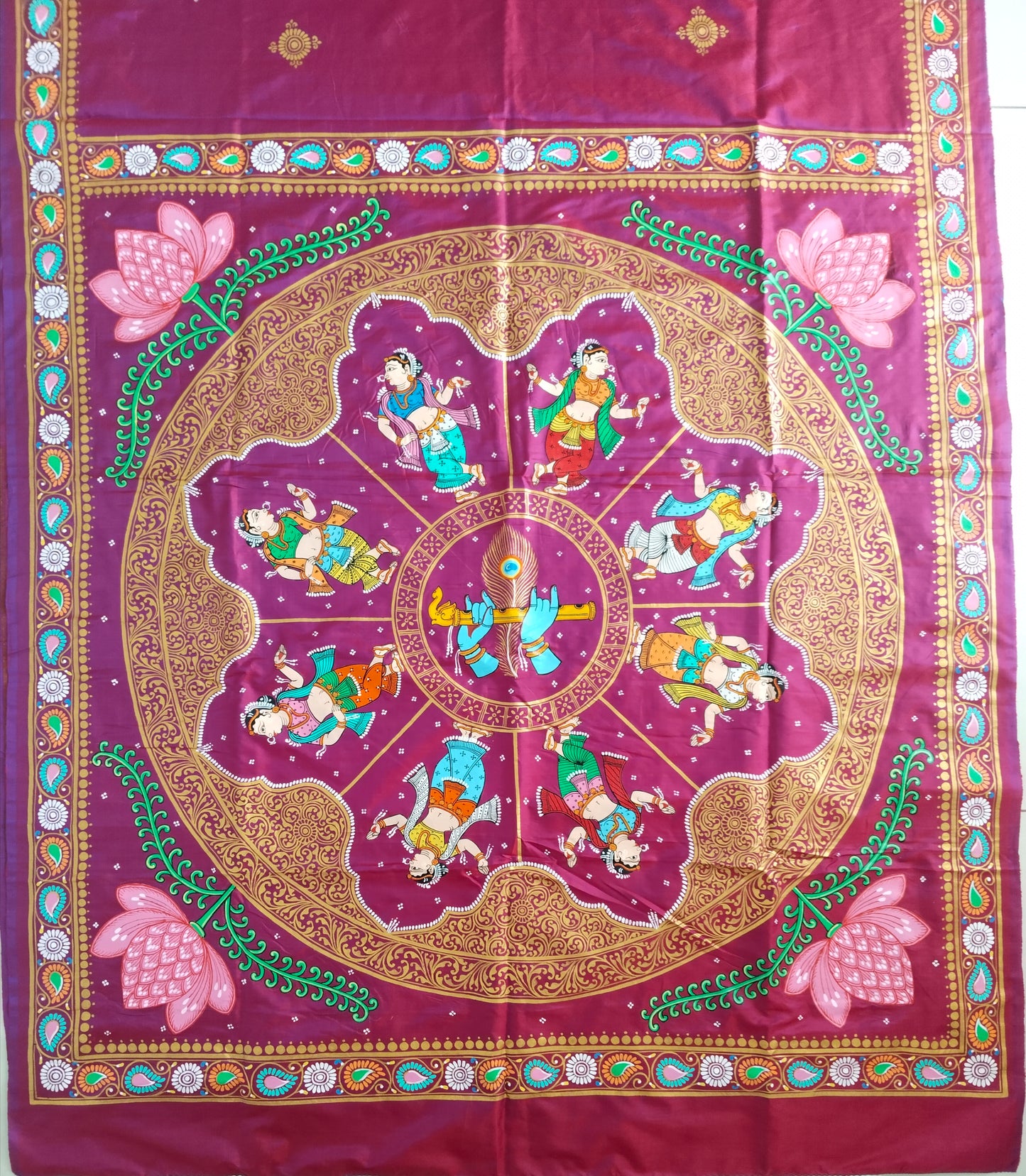 Dual Color Mulberry Silk Krishna Leela Hand- Painted Designer Saree