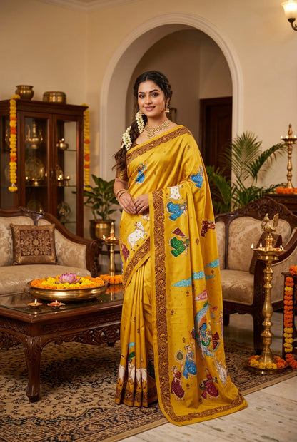 Vegan Silk Krishna Chandra Raasleela Saree- Handpainted Patachitra