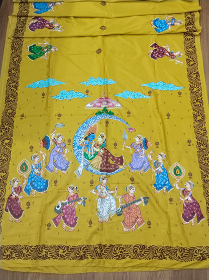 Vegan Silk Krishna Chandra Raasleela Saree- Handpainted Patachitra