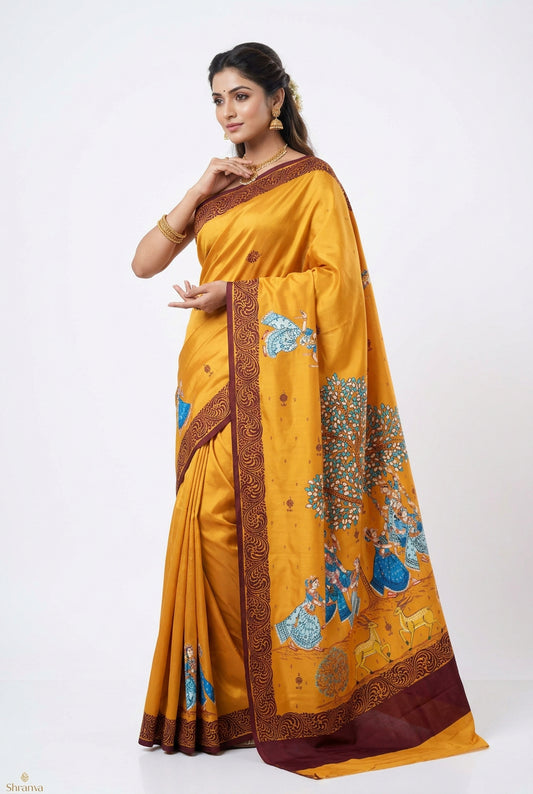 Vegan Silk Krishna Dolo Purnima Saree- Hand-painted Patachitra Saree