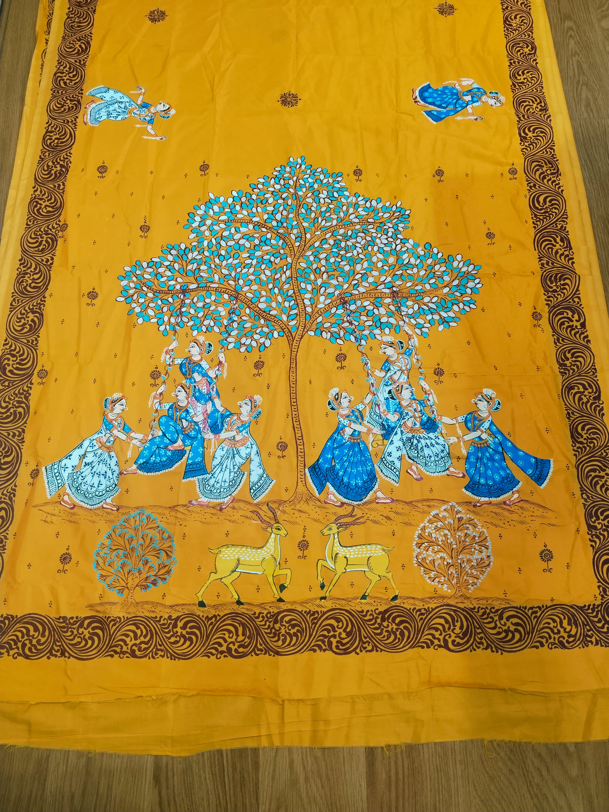 Vegan Silk Krishna Dolo Purnima Saree- Hand-painted Patachitra Saree