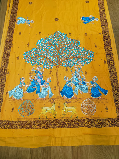 Vegan Silk Krishna Dolo Purnima Saree- Hand-painted Patachitra Saree