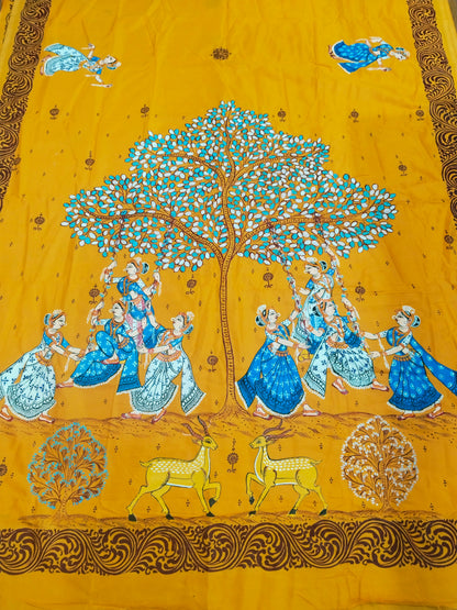 Vegan Silk Krishna Dolo Purnima Saree- Hand-painted Patachitra Saree