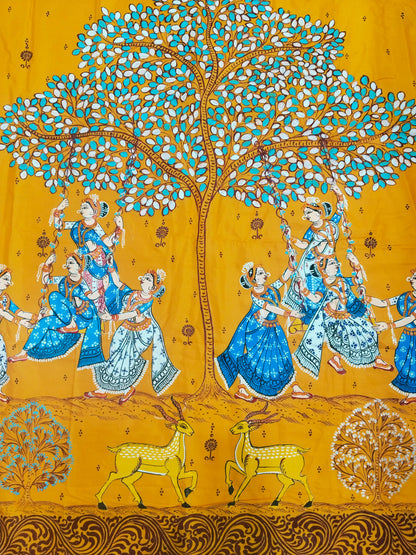 Vegan Silk Krishna Dolo Purnima Saree- Hand-painted Patachitra Saree