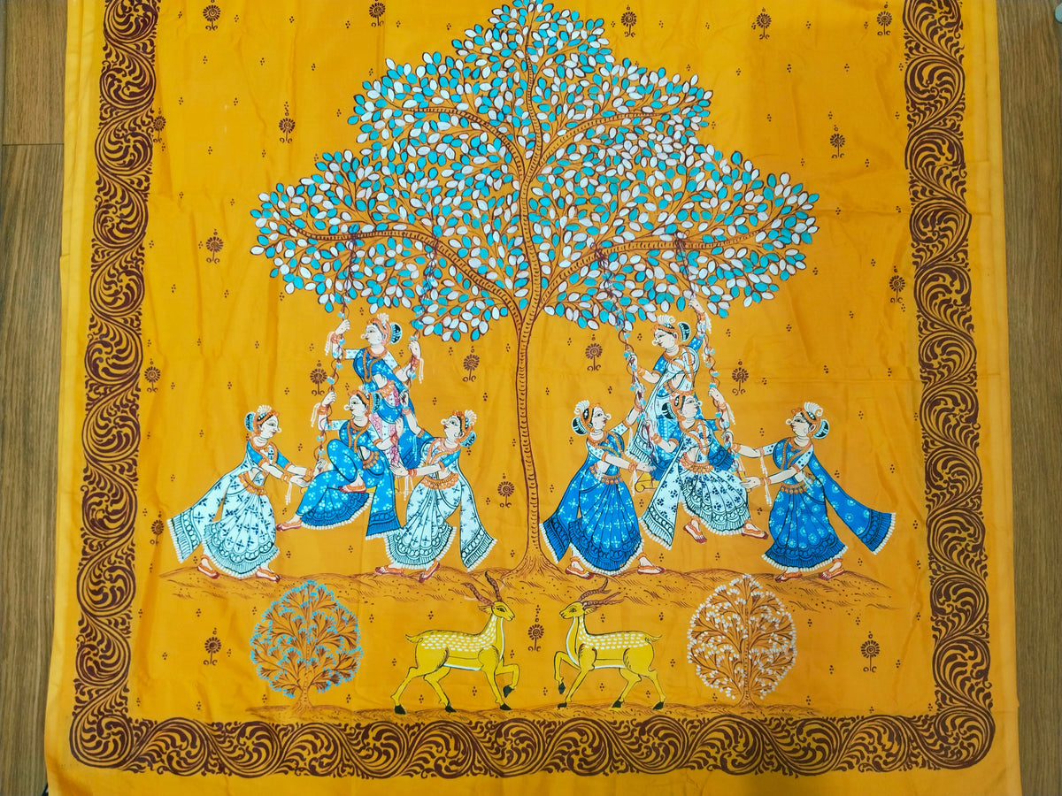 Vegan Silk Krishna Dolo Purnima Saree- Hand-painted Patachitra Saree