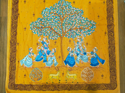 Vegan Silk Krishna Dolo Purnima Saree- Hand-painted Patachitra Saree