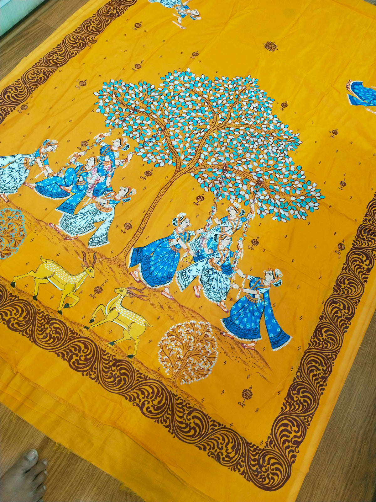 Vegan Silk Krishna Dolo Purnima Saree- Hand-painted Patachitra Saree