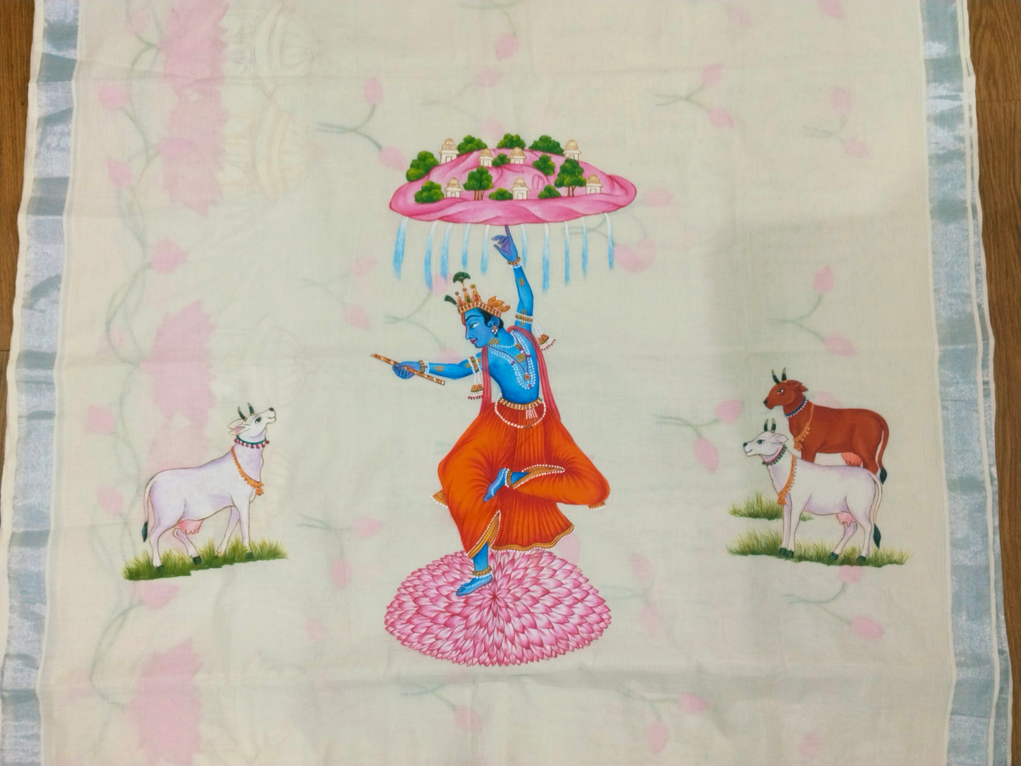 Kerala Cotton Pichwai Saree - Divine Krishna Lifting Govardhan Mountain