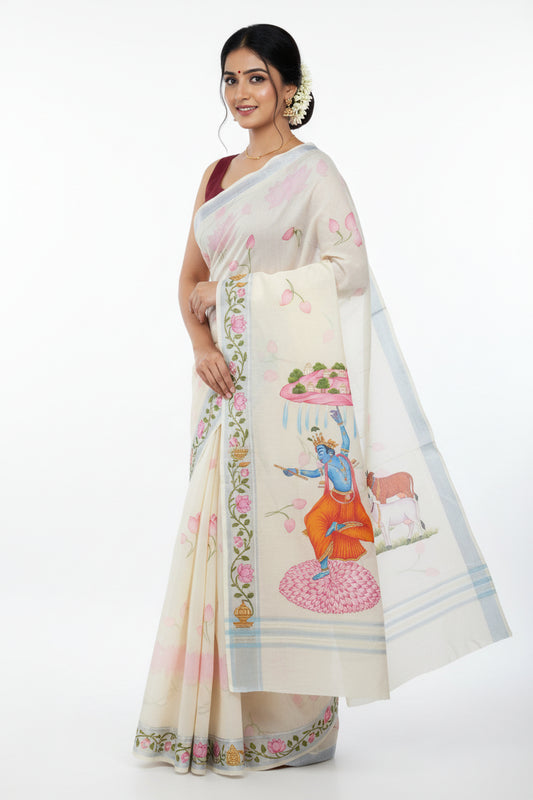 Kerala Cotton Pichwai Saree - Divine Krishna Lifting Govardhan Mountain