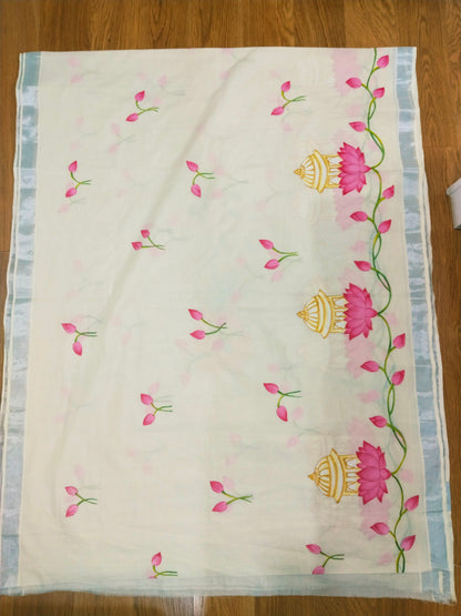 Kerala Cotton Pichwai Saree - Divine Krishna Lifting Govardhan Mountain