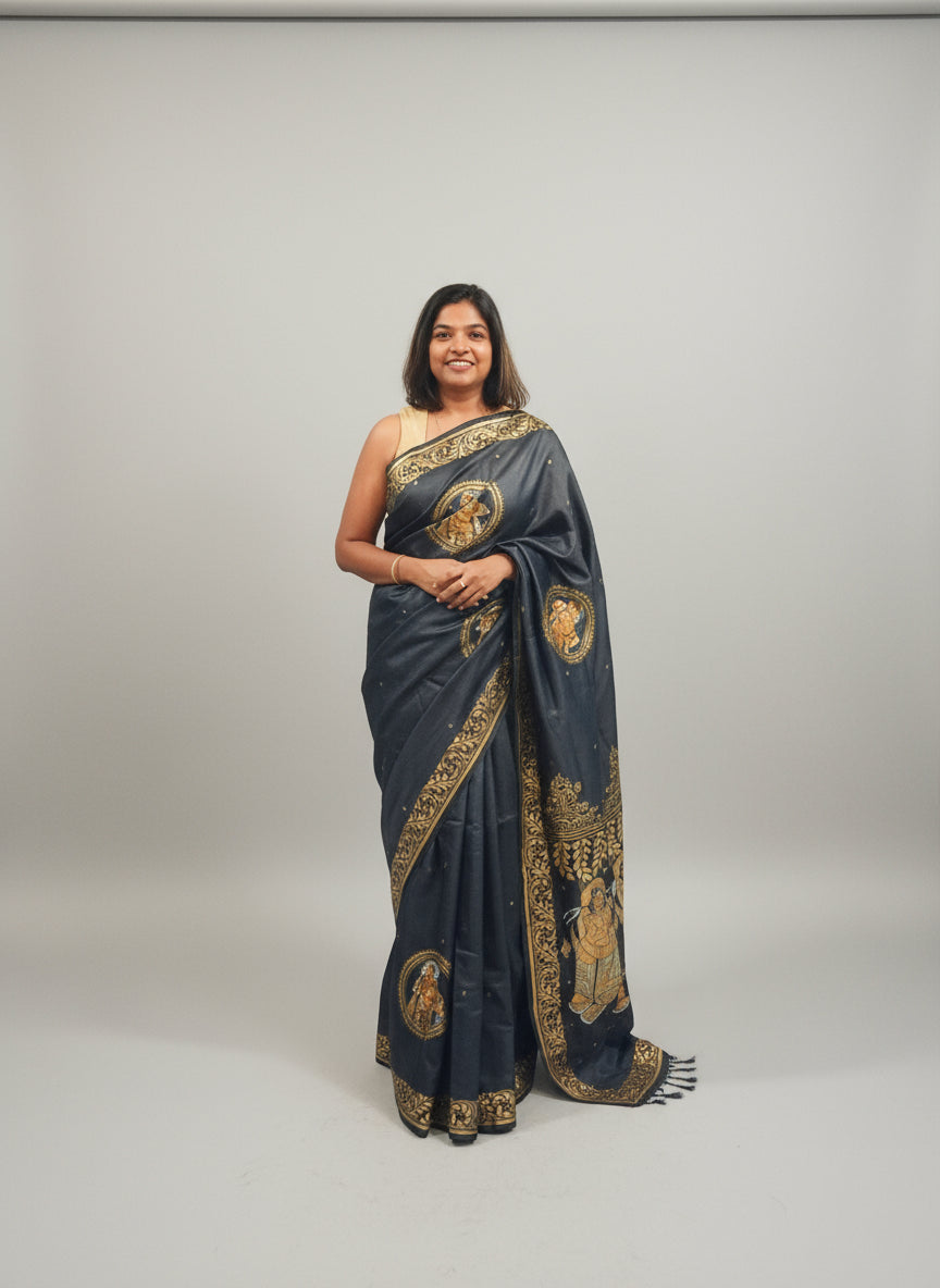 Black and Gold Tassar Silk Dancer Hand-painted Patachitra Saree
