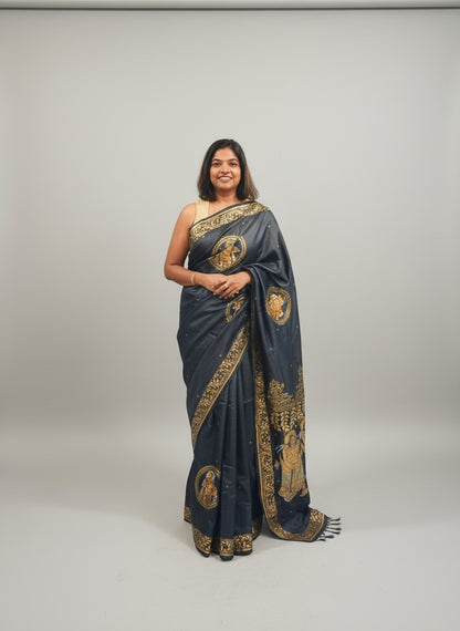 Black and Gold Tassar Silk Dancer Hand-painted Patachitra Saree
