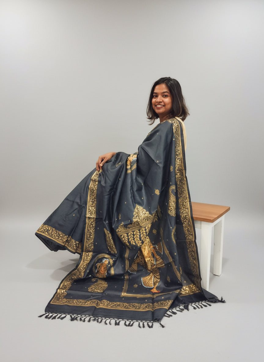 Black and Gold Tassar Silk Dancer Hand-painted Patachitra Saree