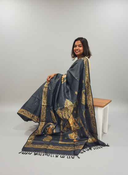 Black and Gold Tassar Silk Dancer Hand-painted Patachitra Saree