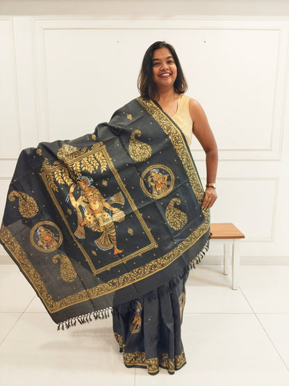 Black and Gold Tassar Silk Dancer Hand-painted Patachitra Saree