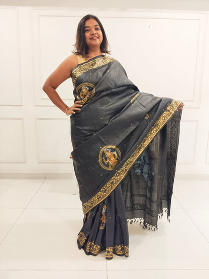 Black and Gold Tassar Silk Dancer Hand-painted Patachitra Saree