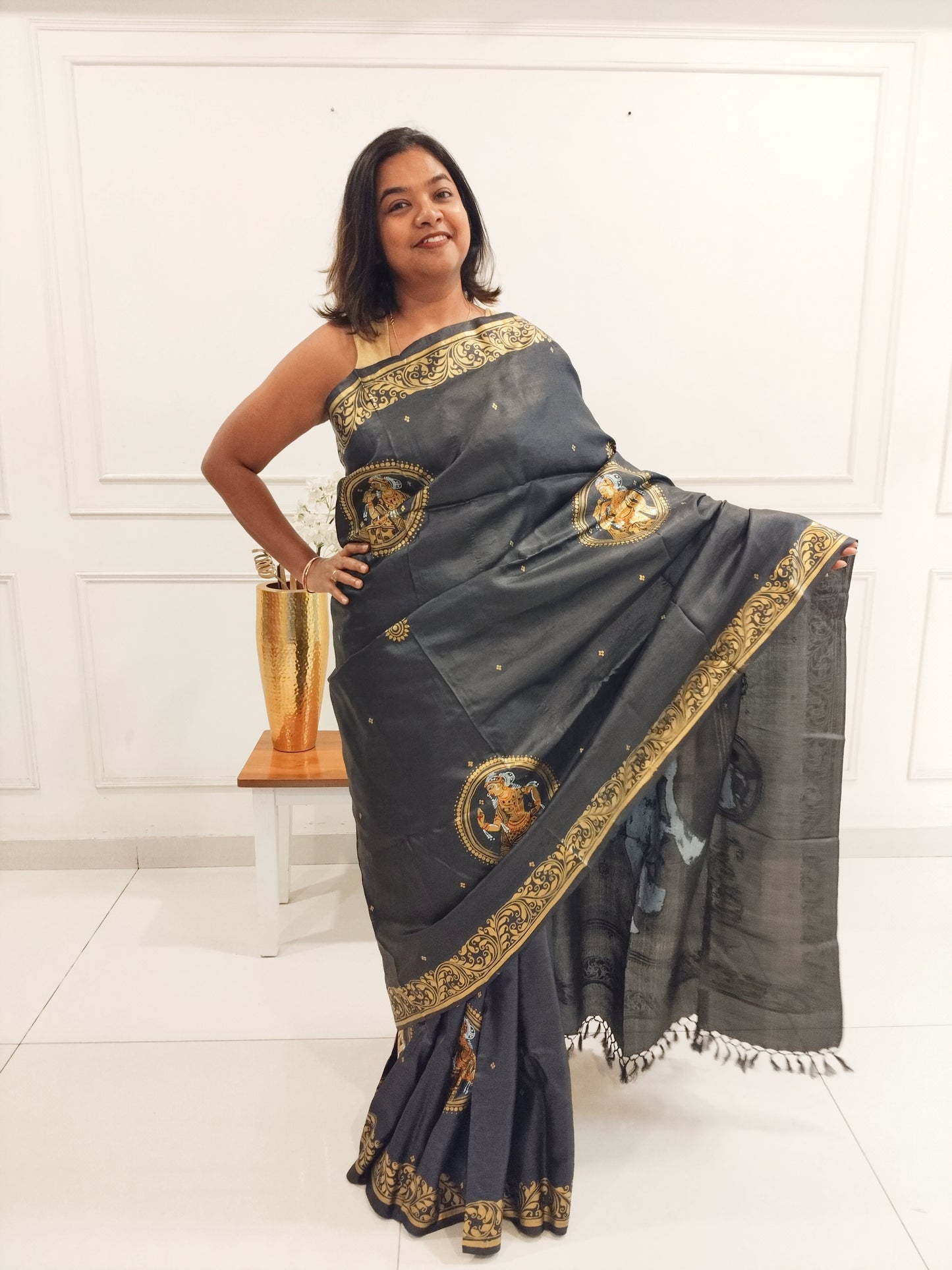 Black and Gold Tassar Silk Dancer Hand-painted Patachitra Saree