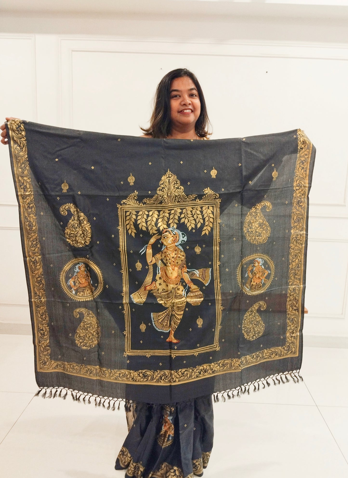 Black and Gold Tassar Silk Dancer Hand-painted Patachitra Saree