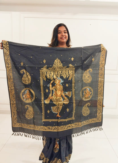 Black and Gold Tassar Silk Dancer Hand-painted Patachitra Saree