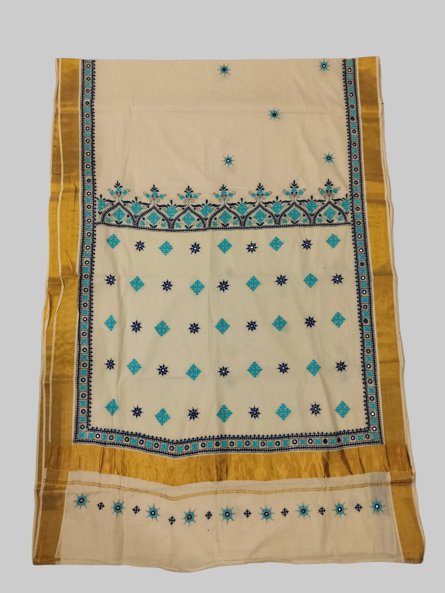 Kerala Cotton Kutchi Embroidery Saree with Golden Border - White and Turquoise Blue