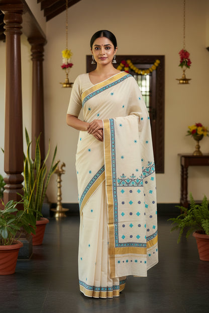 Kerala Cotton Kutchi Embroidery Saree with Golden Border - White and Turquoise Blue