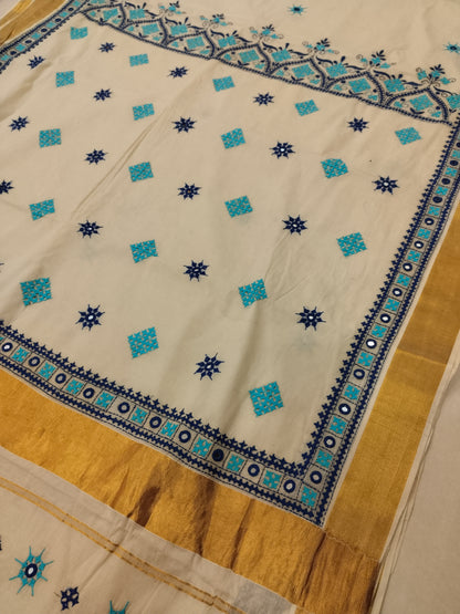 Kerala Cotton Kutchi Embroidery Saree with Golden Border - White and Turquoise Blue