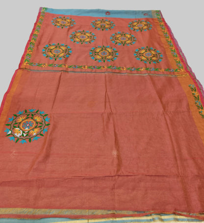 Kutchi Mirror Embroidery Tissue Handloom Upada Saree – Coral Pink & Sky Blue