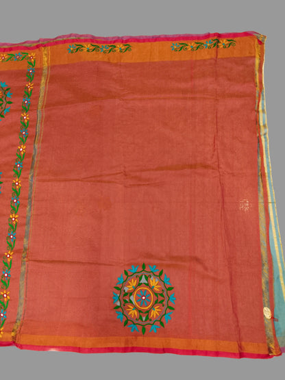 Kutchi Mirror Embroidery Tissue Handloom Upada Saree – Coral Pink & Sky Blue