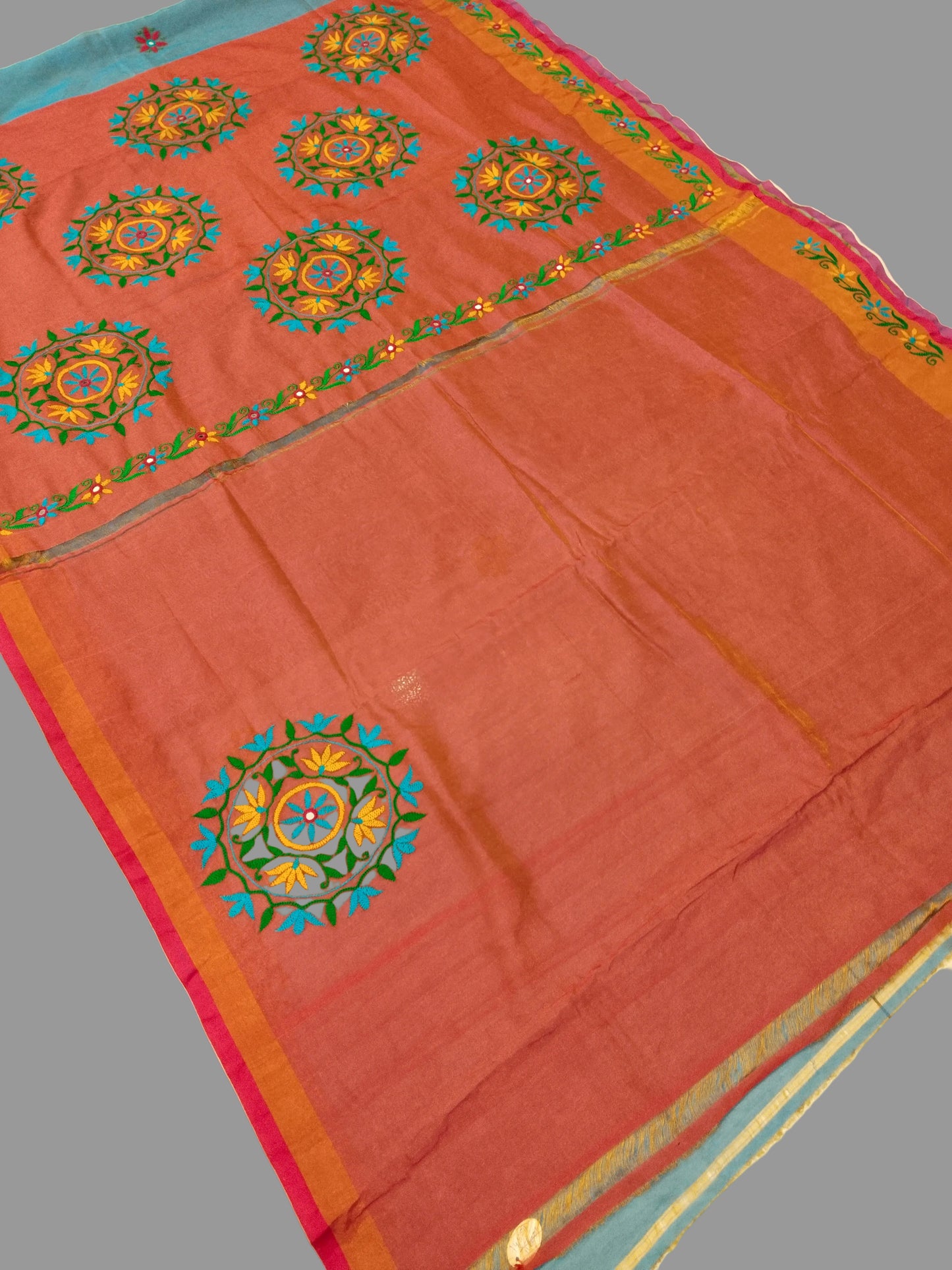 Kutchi Mirror Embroidery Tissue Handloom Upada Saree – Coral Pink & Sky Blue