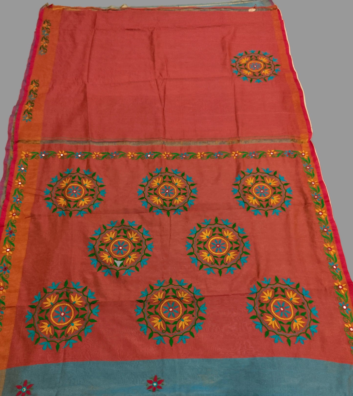Kutchi Mirror Embroidery Tissue Handloom Upada Saree – Coral Pink & Sky Blue