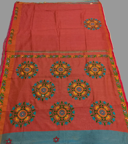 Kutchi Mirror Embroidery Tissue Handloom Upada Saree – Coral Pink & Sky Blue