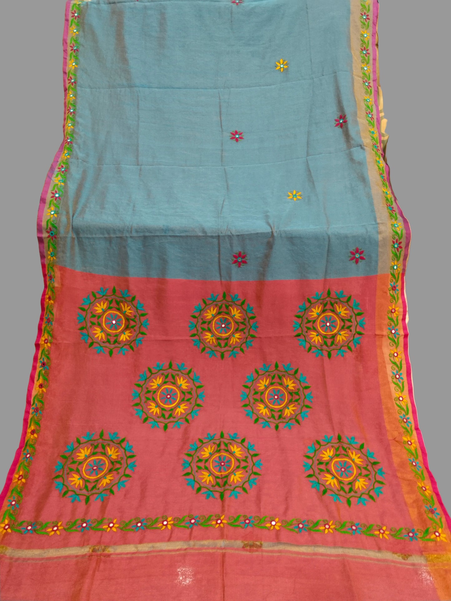 Kutchi Mirror Embroidery Tissue Handloom Upada Saree – Coral Pink & Sky Blue