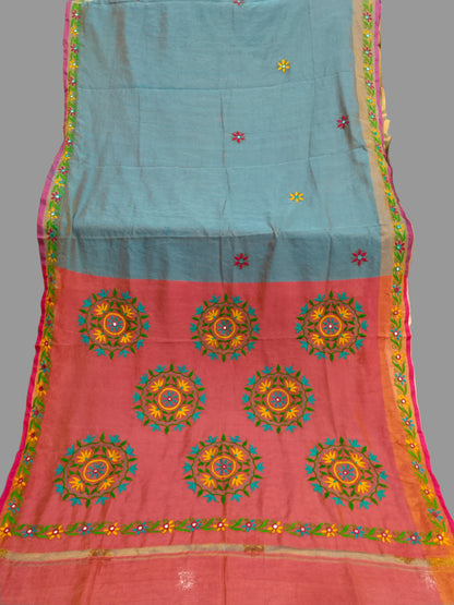 Kutchi Mirror Embroidery Tissue Handloom Upada Saree – Coral Pink & Sky Blue