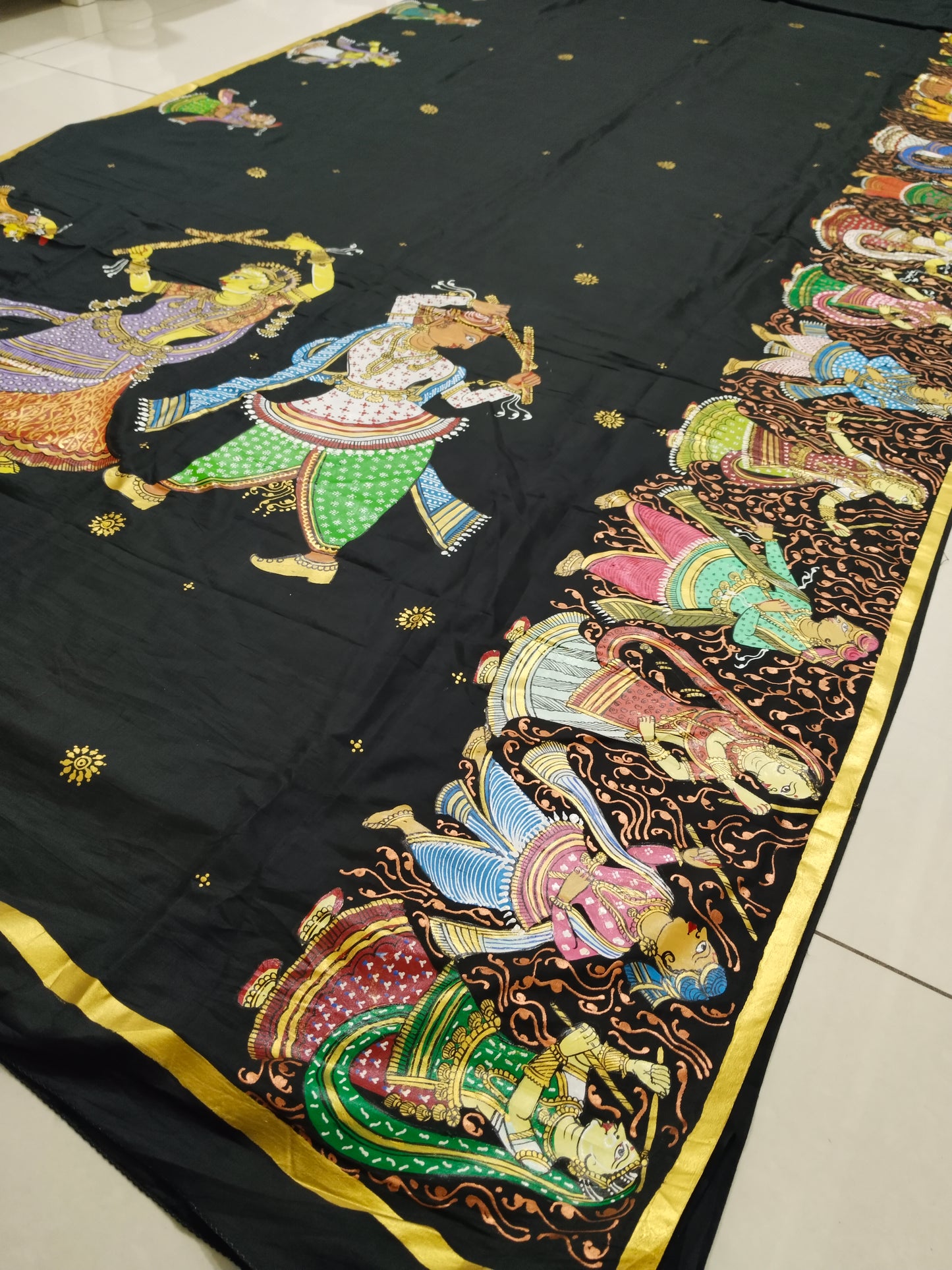 Cotton Silk Patachitra Saree - Radha Krishna Raas Leela Dance Theme