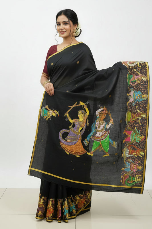 Cotton Silk Patachitra Saree - Radha Krishna Raas Leela Dance Theme