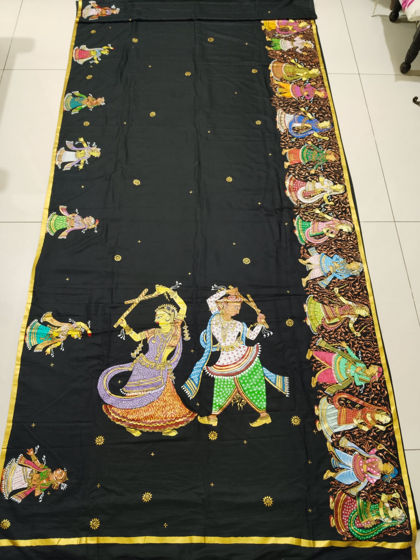 Cotton Silk Patachitra Saree - Radha Krishna Raas Leela Dance Theme