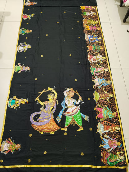 Cotton Silk Patachitra Saree - Radha Krishna Raas Leela Dance Theme