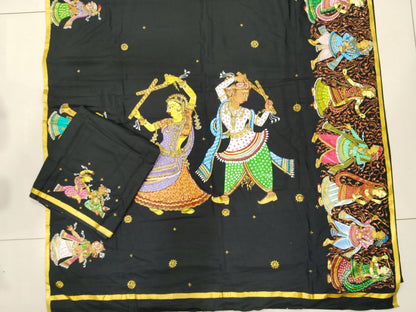 Cotton Silk Patachitra Saree - Radha Krishna Raas Leela Dance Theme