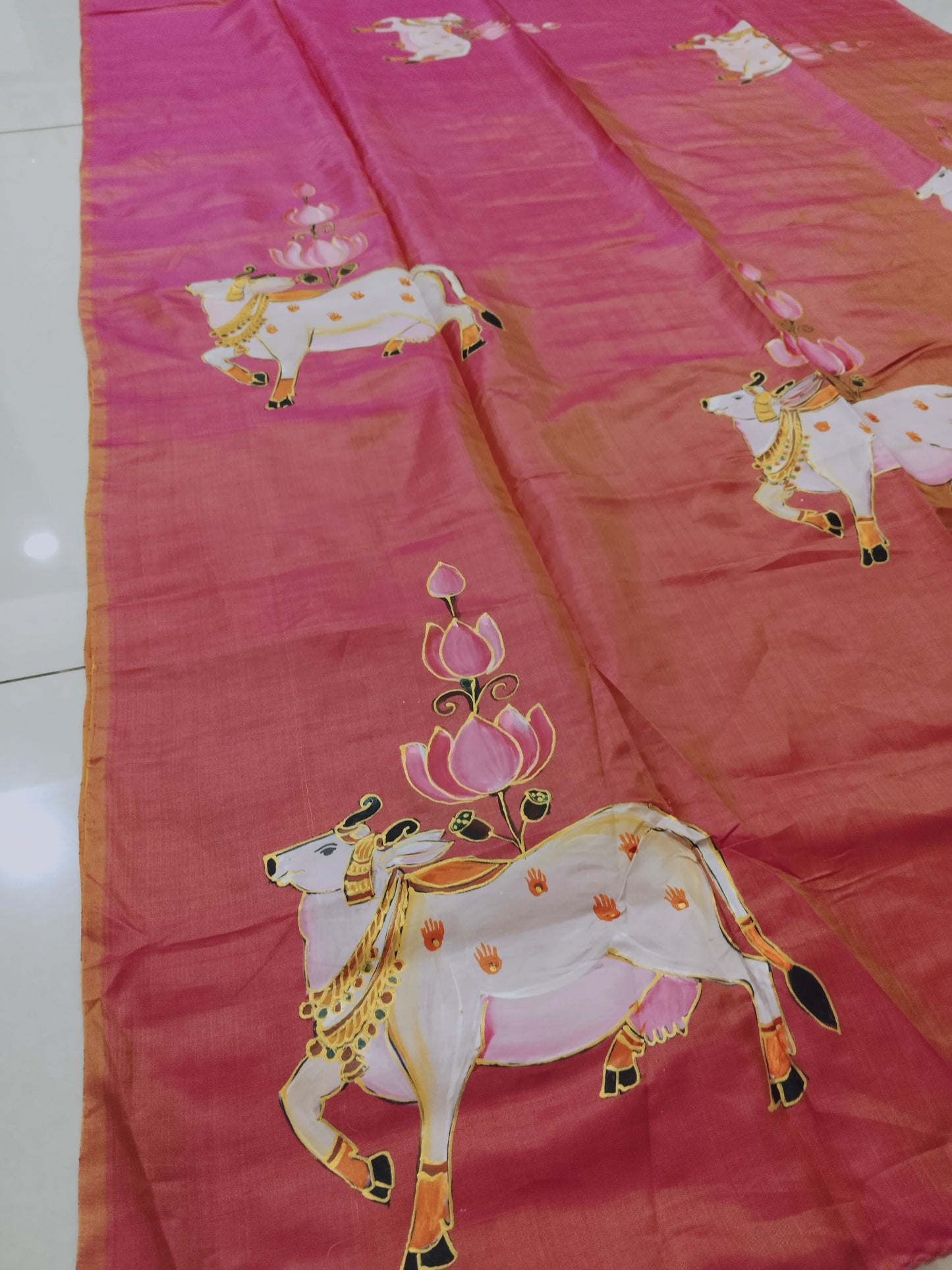 Mulberry Silk Pichwai Saree – White Cows with Pink Lotus | Handpainted Cow Theme