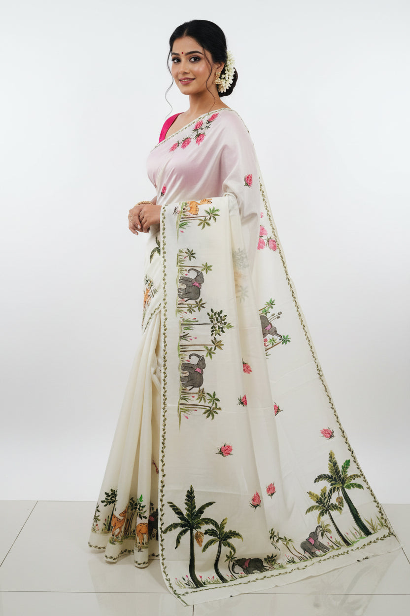 Luxurious Mulberry Silk Hand Painted Jungle Theme Saree | Handpainted Forest Scene with Elephants & Deer