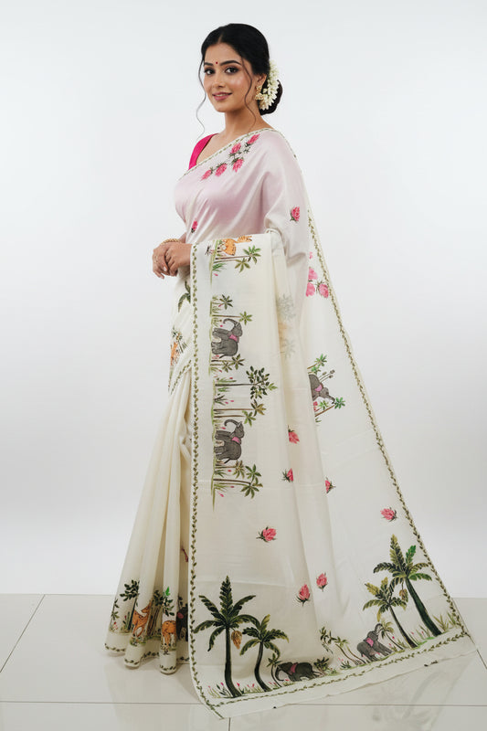 Luxurious Mulberry Silk Hand Painted Jungle Theme Saree | Handpainted Forest Scene with Elephants & Deer