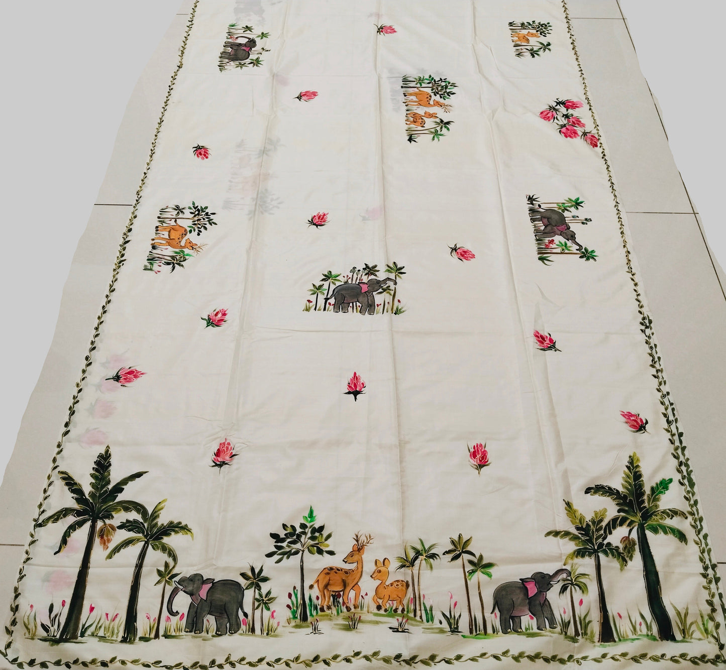 Luxurious Mulberry Silk Hand Painted Jungle Theme Saree | Handpainted Forest Scene with Elephants & Deer