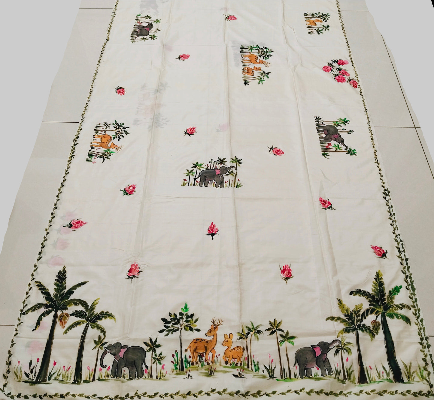Luxurious Mulberry Silk Hand Painted Jungle Theme Saree | Handpainted Forest Scene with Elephants & Deer