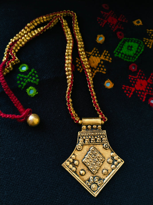 Taveez Pendant with chain woven beads - long dhokra necklace
