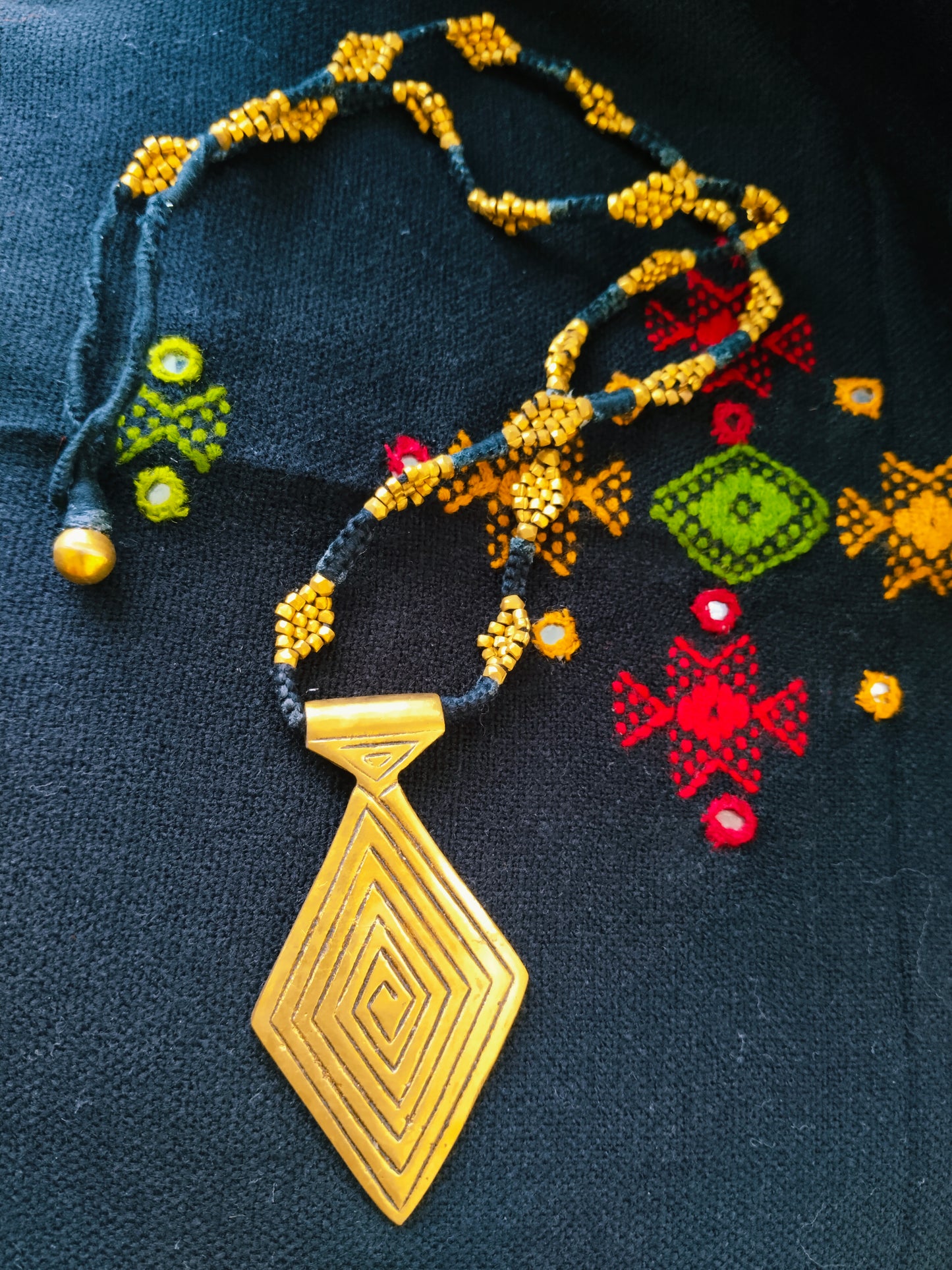 Diamond Pendant with diamond motif beads - long dhokra necklace