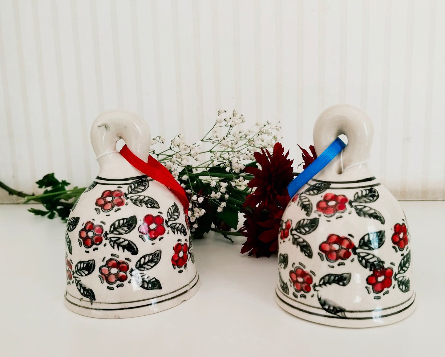 Handcrafted hand-painted ceramic bell set - Christmas flowers (Big)