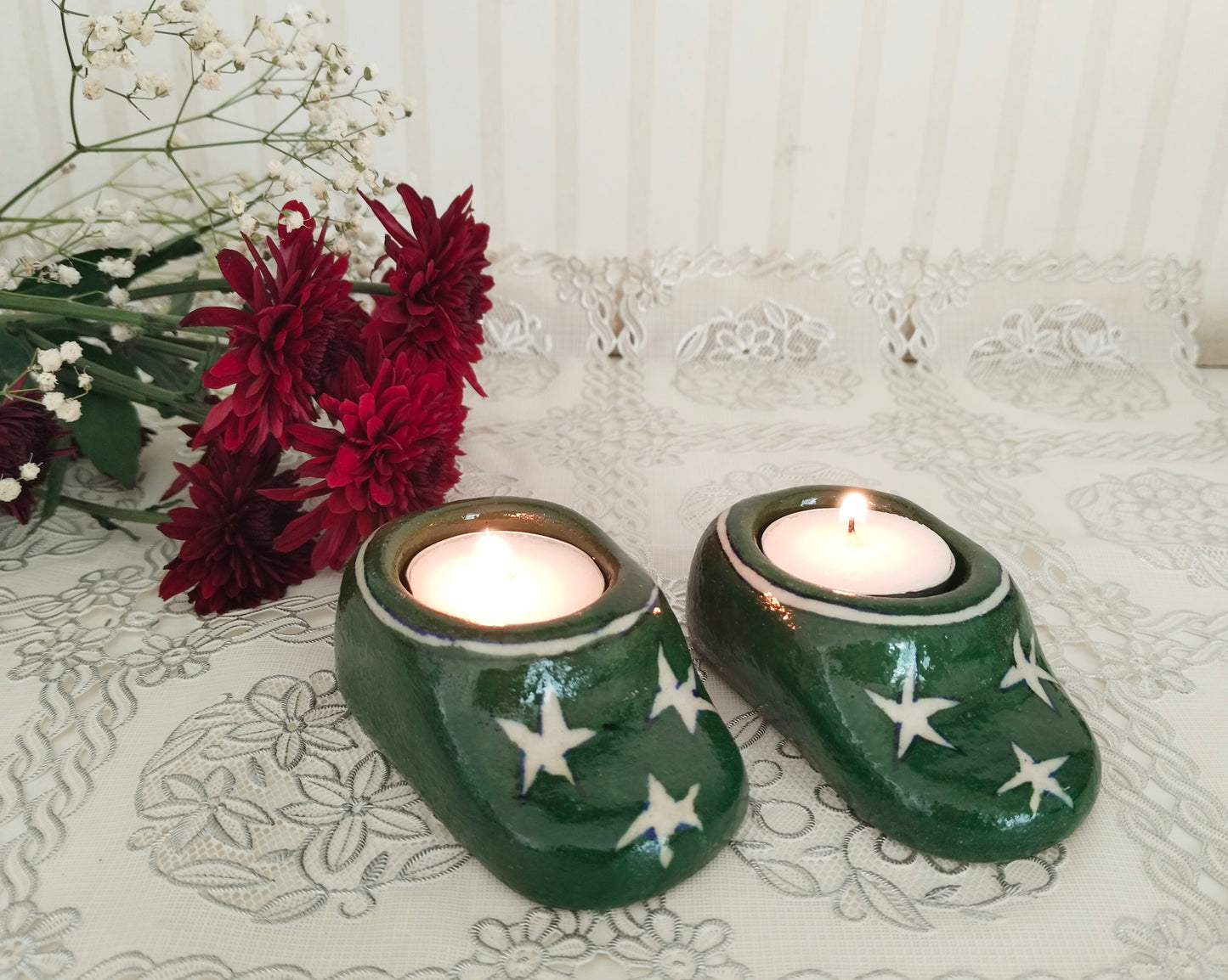 Handcrafted hand-painted ceramic Elf Shoe tealight holders - Christmas Decor