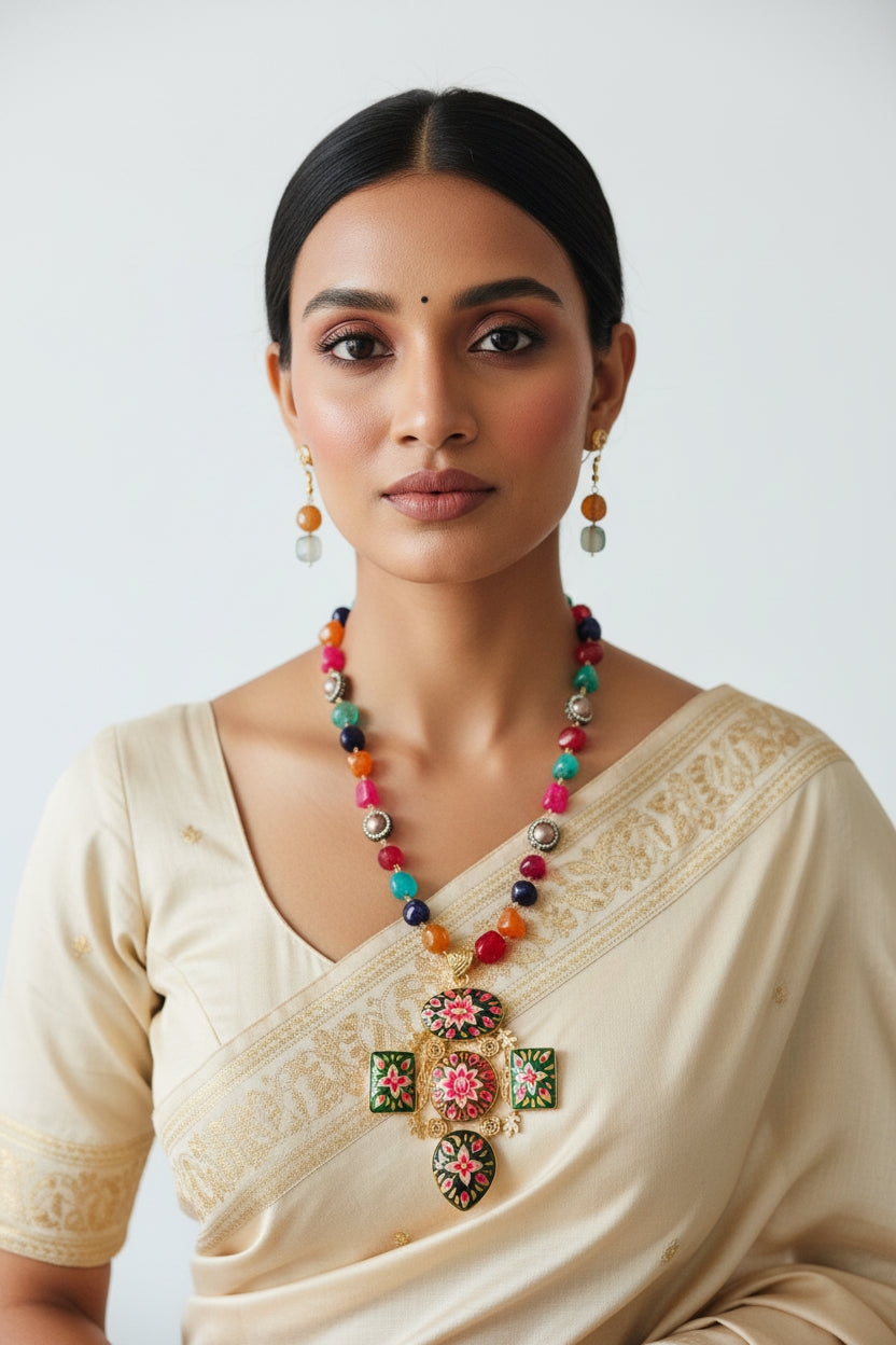 Hand-painted Square Pendant with Multi-Colour Beaded Necklace Set